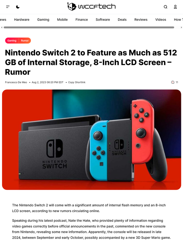 8英寸LCD屏幕，最大存储512GB，任天堂下一代Switch掌机新爆料